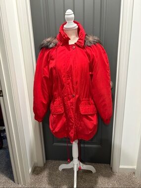 Women's Red Faux-Fur Trim Puffer Parka